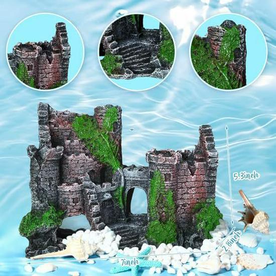 Reptile & Aquatic Decor Set: Resin Ship & Castle Ornaments with Simulated Plants