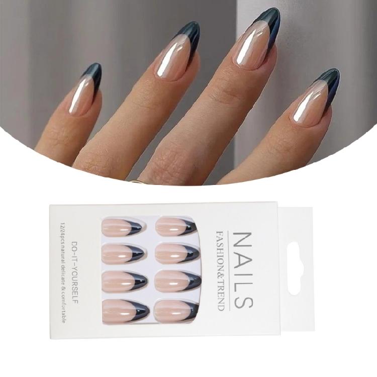 24pcs Stylish Artificial Nail French Stick ons Medium Almond Stick on Nail Full Cover Press on Nail Manicure Nail Art