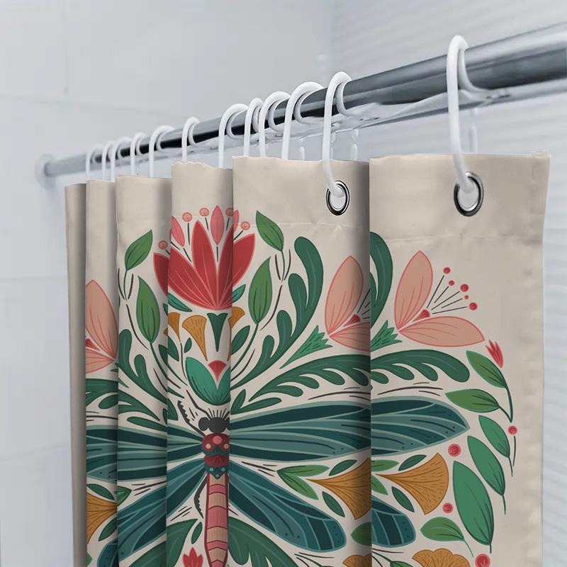 Vintage Botanischer Duschvorhang Grün Libelle Blumenmuster Badezimmerdeko, Rosa Rot Weiß Bunter Druck Wasserdichter Stoff,
