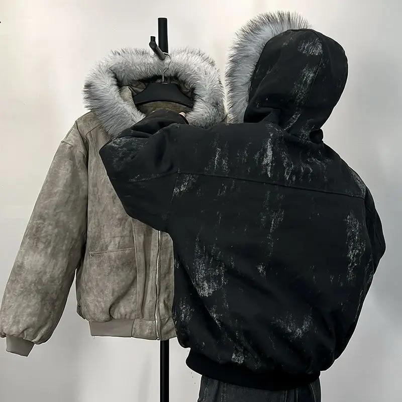 Herrejakke i bomull med pelskrage Broderi og batikkmønster Vinter Herre Utendørsjakke Tykk og komfortabel jakke