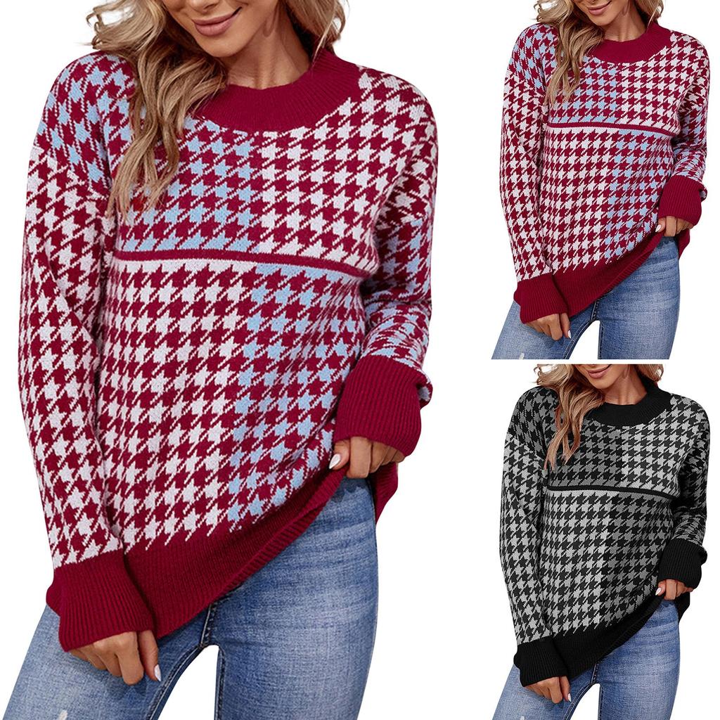 Ladies Fashion Casual Loose Knit Contrast Houndstooth Pullover Sweater