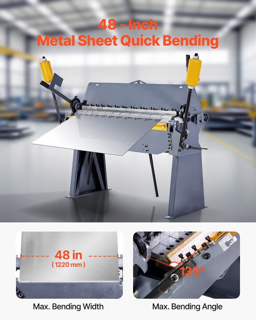 Box and Pan Brake, 1220 mm/48 inch Sheet Metal Bending Brake, 12-Gauge Mild Steel Capacity, 0-135 Degree Adjustable, Metal Bender Machine with 8