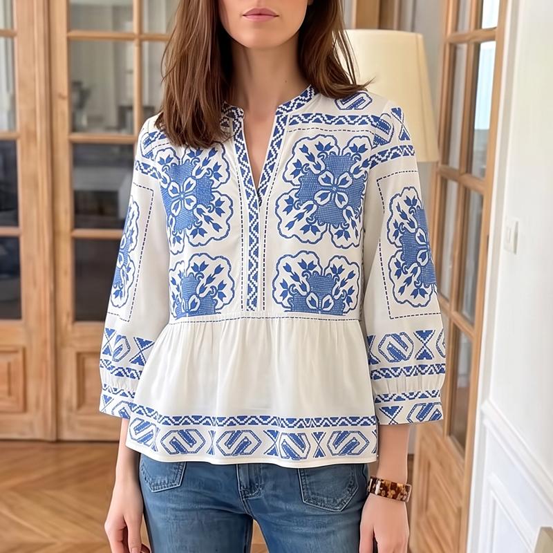 ZANZEA Women Bohemian Print Casual V-Neck 3/4 Sleeve Loose Blouse
