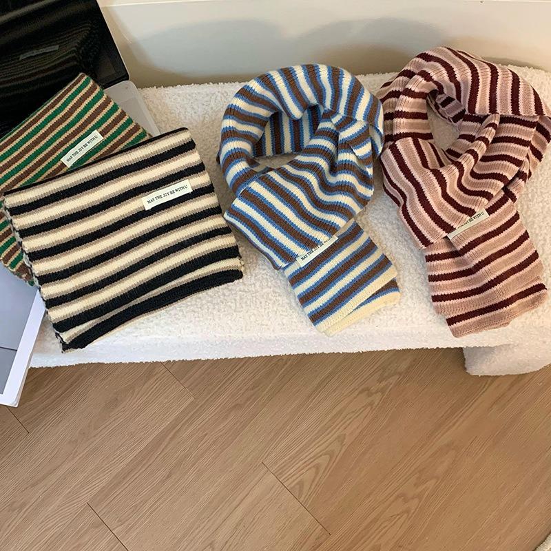 Scarf wool knitted autumn and winter new versatile thickened warm literary striped scarf shawl scarf