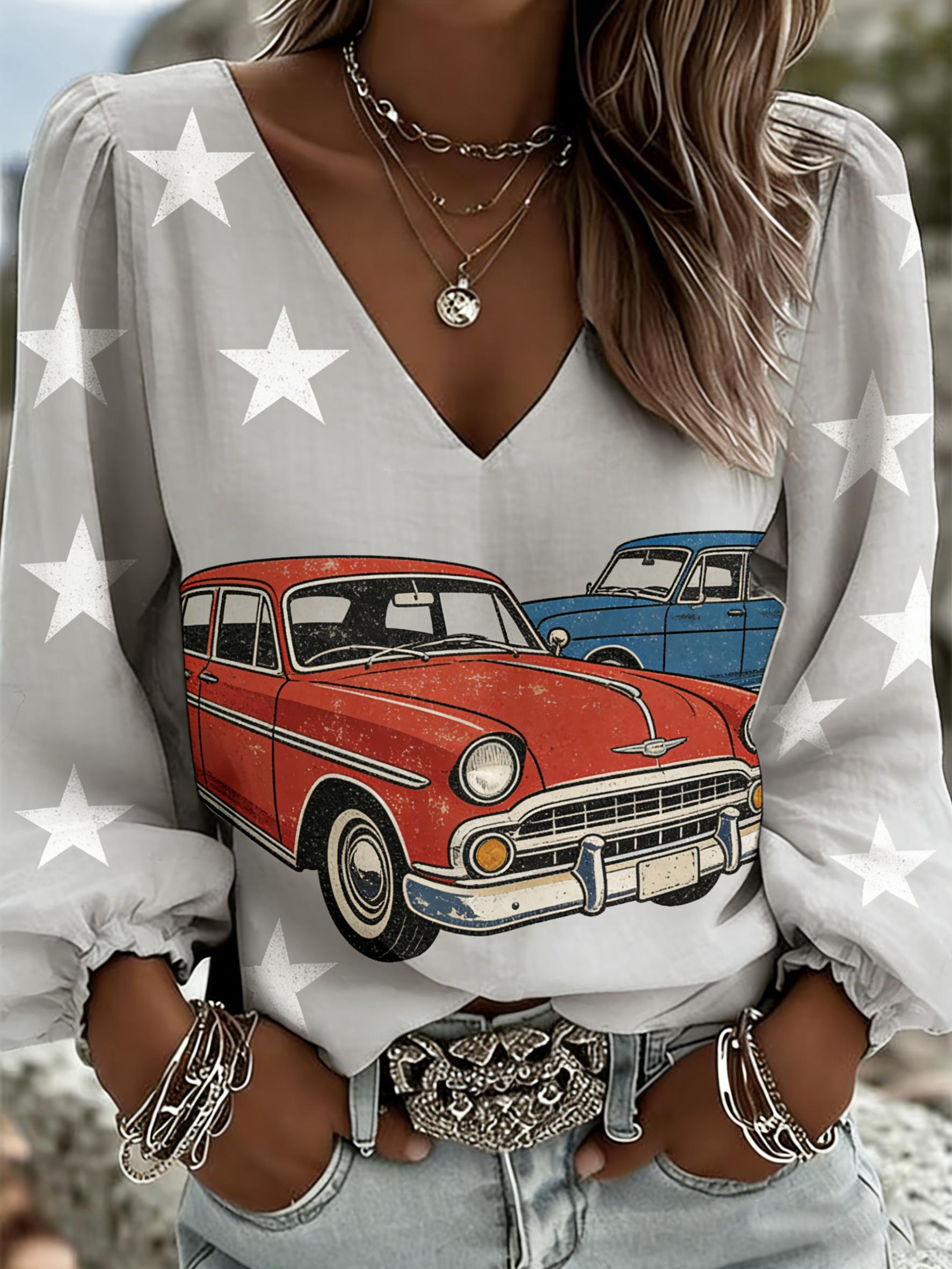 

Ladies new loose-fitting frilly sleeve printed shirt, loose-fitting and slimming, fashionable and versatile summer-style long-sleeved V-neck top XXL
