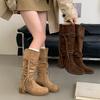 Μπότες με χοντρή σόλα γυναικείες απόβλητα ρετρό στυλ μπότες ιππότη ματ με κρόσσια σχοινί από κάνναβη χοντρό τακούνι μεσαίες μπότες