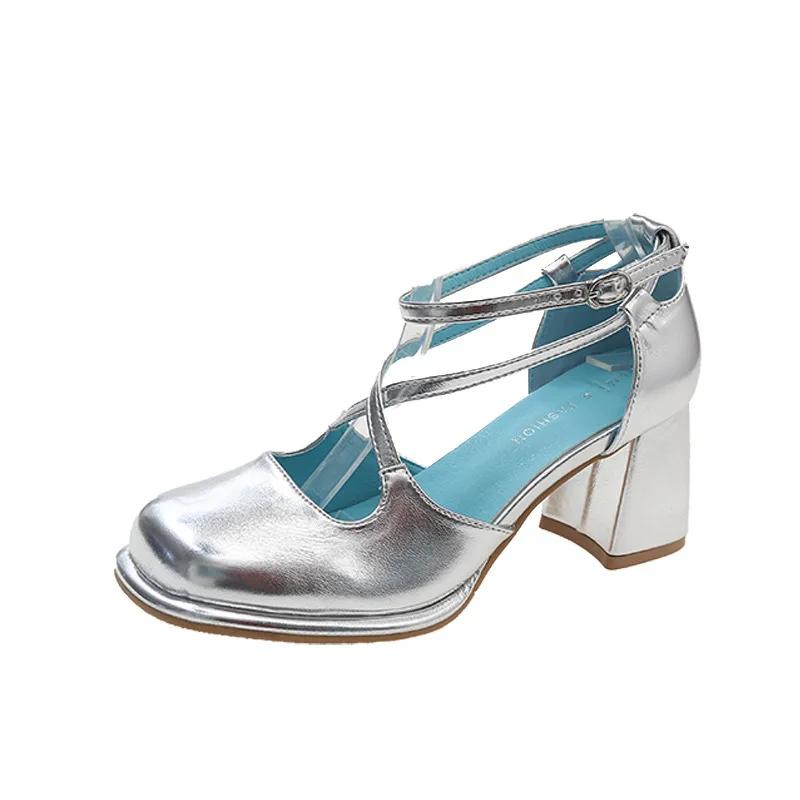 Fashion Buckle Strap Cross Low Sandals Woman Leather Suit Female Beige High Heels 2025 Summer  Shoes Low-heeled Black Comfort Hig