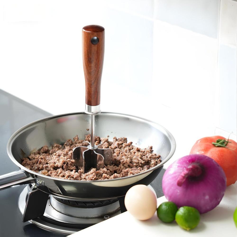 Stainless Steel Food Masher Wooden Handle Ground Beef Chopper Food Grinder Meat Patty