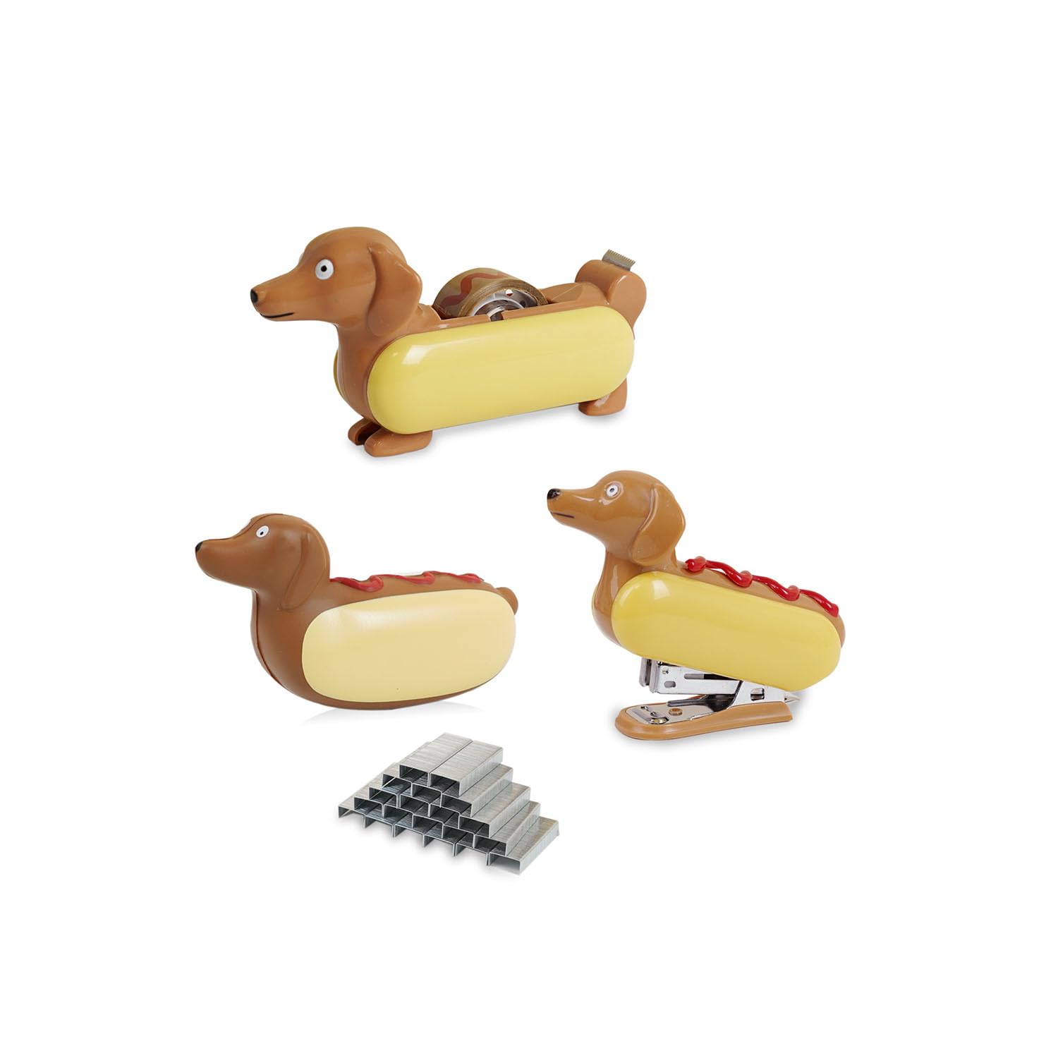 YOBRO Hot Dog Set Stationery Tape Tool Box Unique Stationery Dog Design - 3-Piece Set Stapler, Dispenser, - Set, (Dachshund)