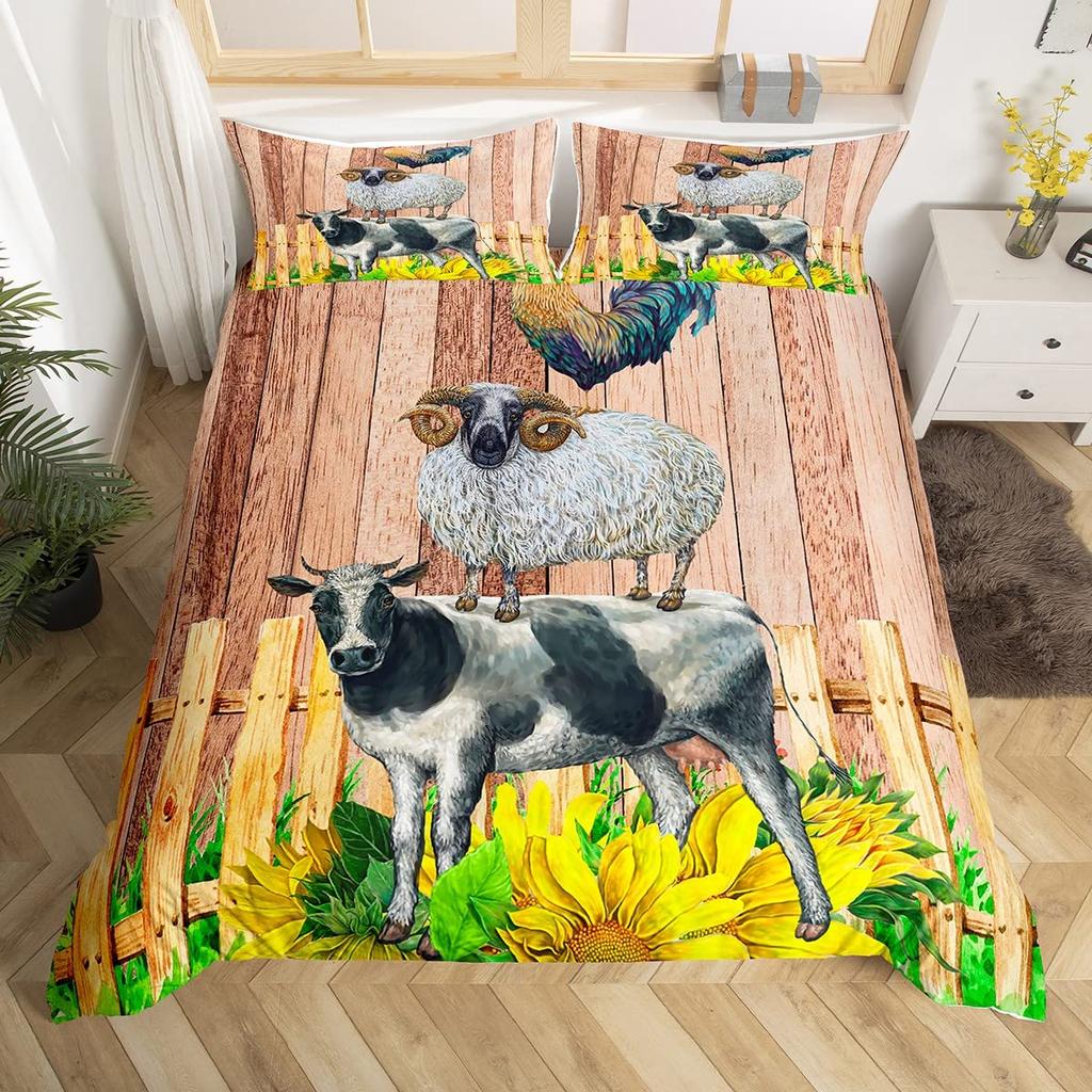 Bauernhoftiere Königin König Bettbezug Hahn Schaf Schwein Kuh Bettwäscheset Bauernhaus Land Steppdeckenbezug Polyester Steppdecke