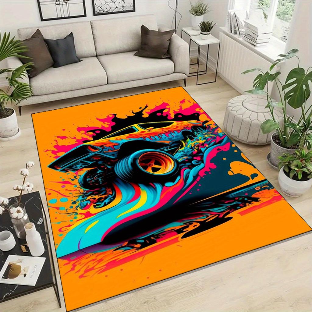 Stylish Car Print Area Rug - Non-Slip, Soft Polyester Floor Mat for Home & Office Decor - Perfect for Bedroom, Study, Dining Roo