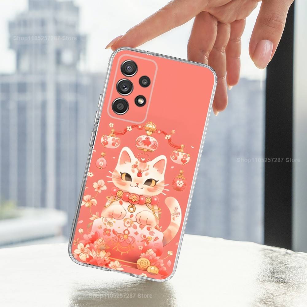 Cartoon Lucky Cat Cute Art Phone Case For Samsung A51,71,30,S21,10,20,Ultra,FE,Lite, S22,23,9,PIus,Transparent, Silicone