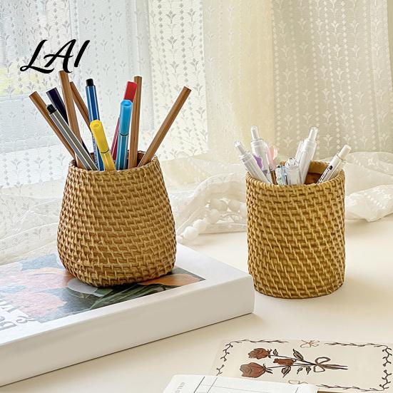 Resin Pen Holder Faux Rattan Holder Woven Style Makeup Brush Boho Desktop Organizer Multi-functional Pencil Cup for Home Office