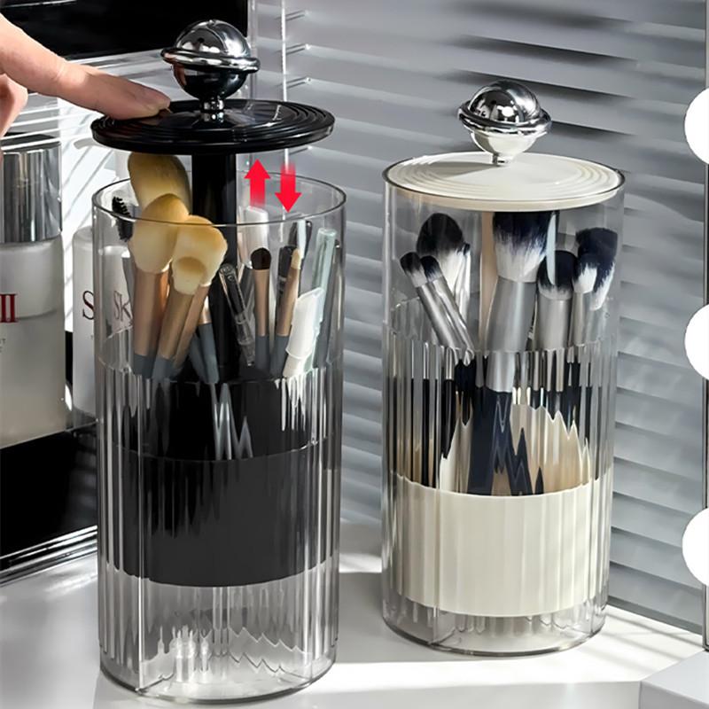 Transparent Makeup Brush Holder with Lid Automatic Lifting Dustproof Makeup Brushes Organizer for Vanity Cosmetics Storage Box