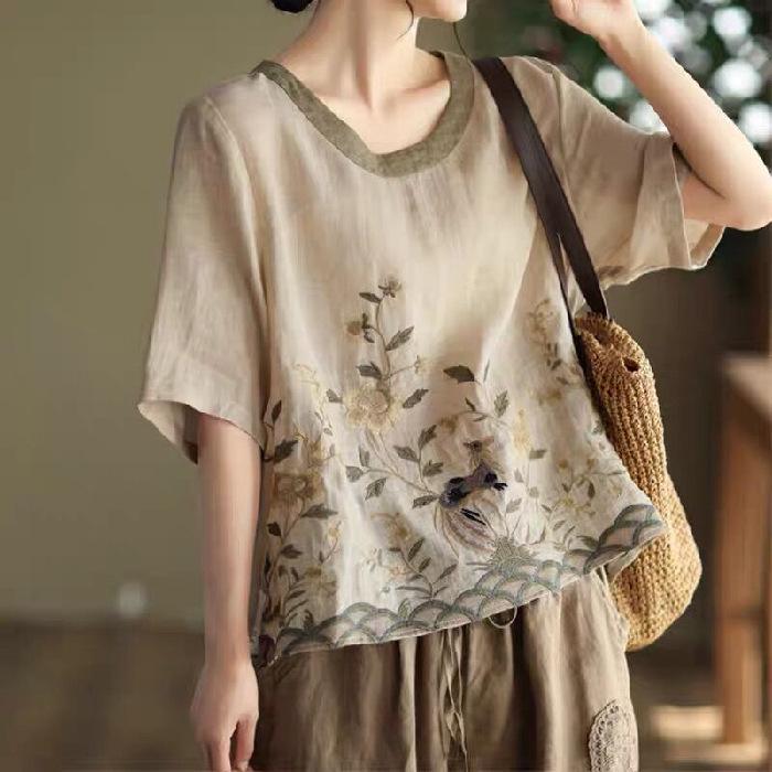 

Summer Retro Embroidered Ramie Cotton-Linen Women s T-Shirt M 90-115 lbs