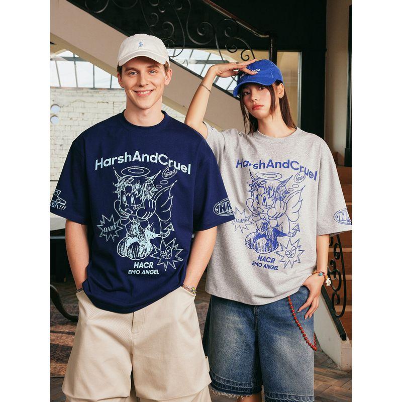 HACR Kids Harshandcruel2025 Summer Children's Fun Hand Painted Emo Angel Street Graffiti Loose Short Sleeve T-shirt