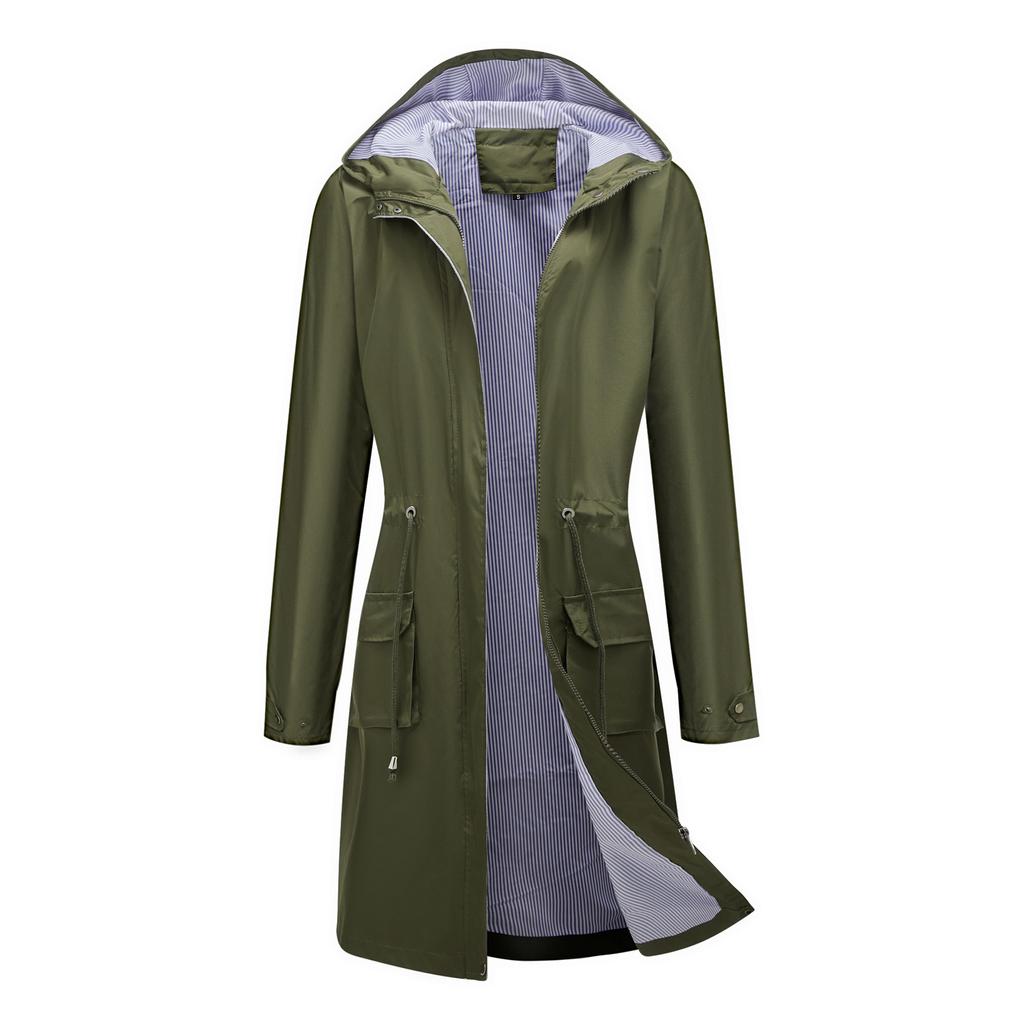 Long Informal Trench Coat Women's Anti-splashing Hooded Solid Color Top Striped Lining Straight Jacket