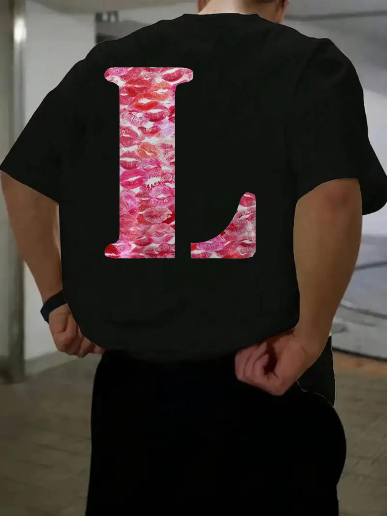 New Lip Print Letter LT T-shirt with Eye-catching Red Lip Print and Pink Lip Round Neck Short Sleeved Casual T-shirt S разноцветный
