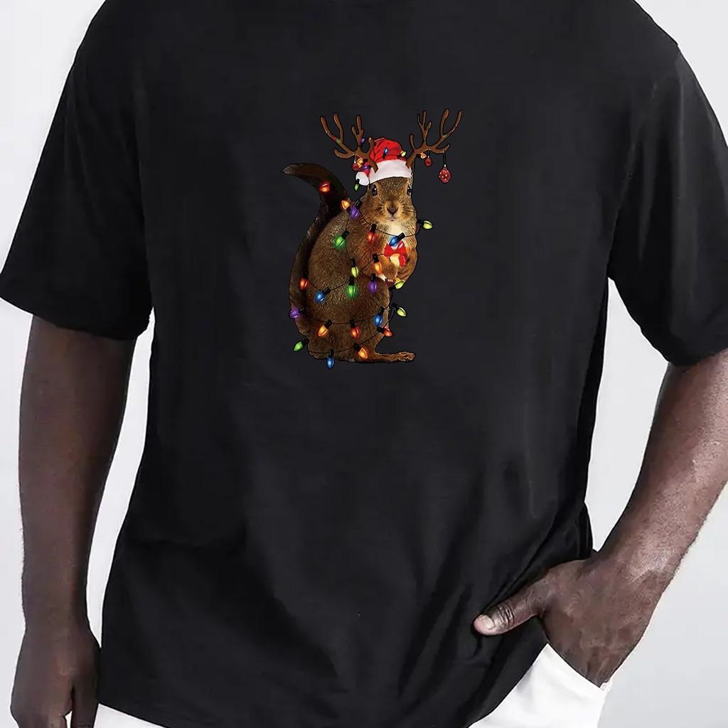 Weihnachts Eichhörnchen Rentier Lichter Grafik Herren Baumwoll T-Shirt Rundhals Lässig Kurzarm T-Shirt