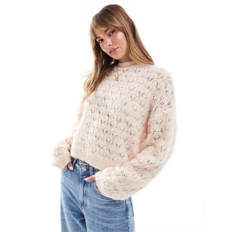 Foreign Trade Pure Yuan Short Loose British As Hole Mesh Spring Round Neck Long Sleeve Women Pullover Knitted Sweater