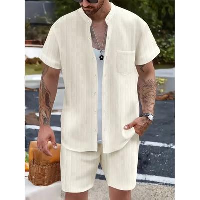 Mens Linen Cotton Stand Collar Short Sleeve Shirt And Shorts 2 Piece Casual Set