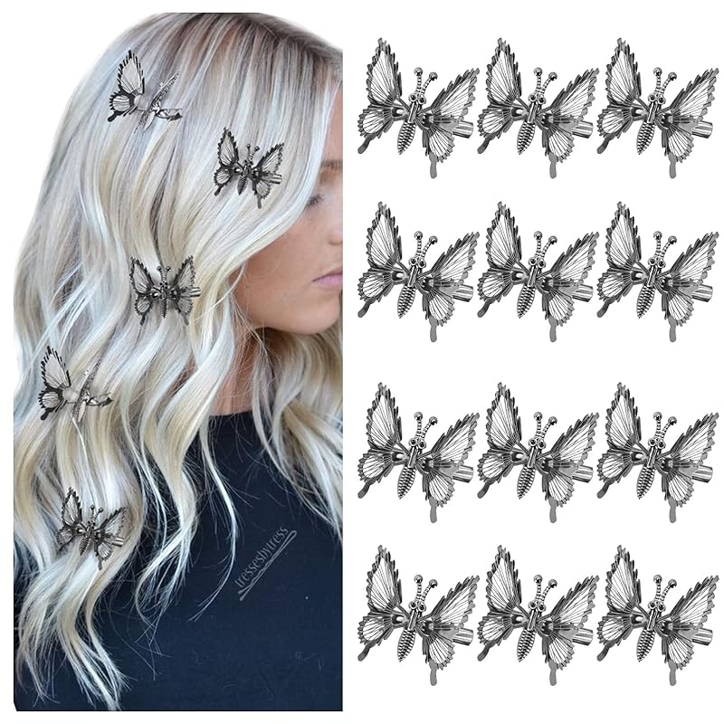 DEEKA 12 PCS Moving Butterfly Hair Clips 3D Metal Gold Moving Wings Butterfly Hair Accessories 90s Hair Clips Barrette for Women and Girls -Black