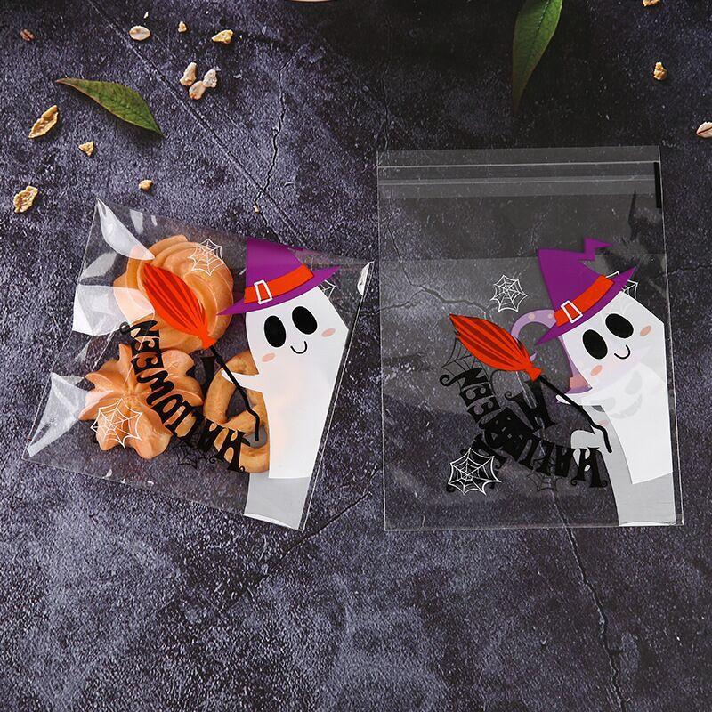 100Pcs 10x10cm Halloween Series Printed Pumpkin Ghost Candy Baking Cookie Self-Adhesive Party Gift Packaging Bags
