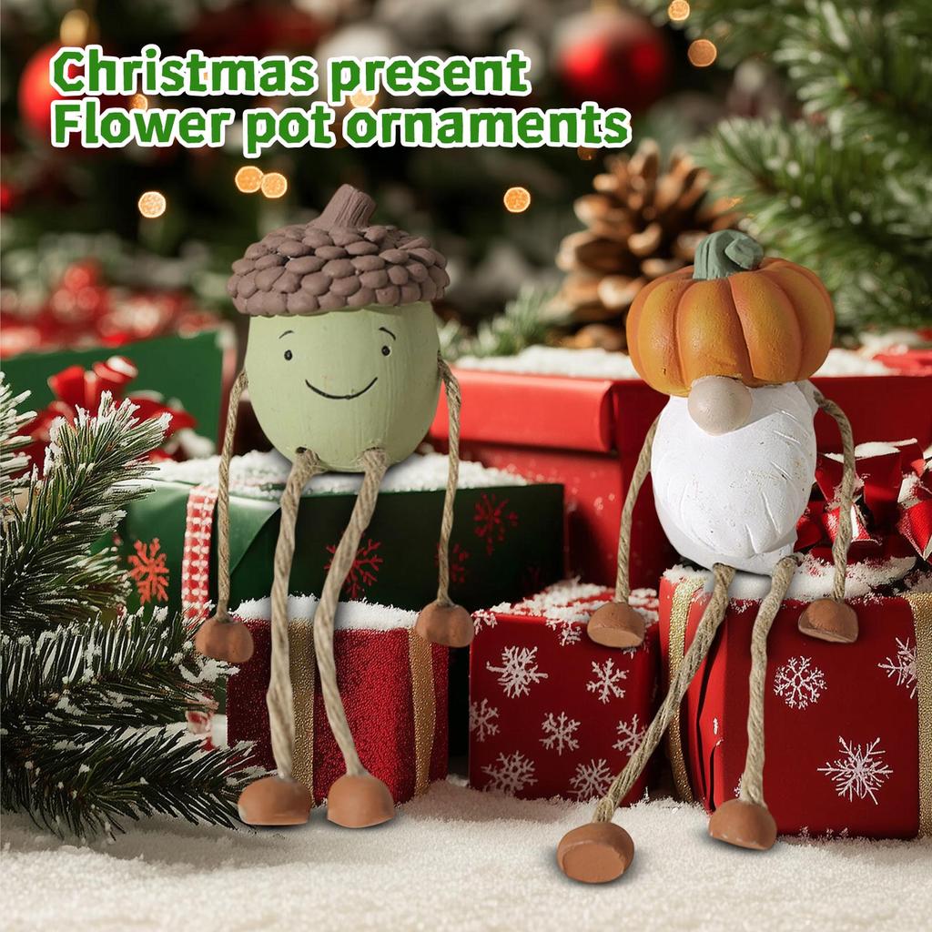 Weihnachtsgeschenk, Blumentopf-Ornament, Hut mit mehreren Bändern, Weihnachtskarikatur, Gesichtlose ältere Person, Simulierte Topfpflanze