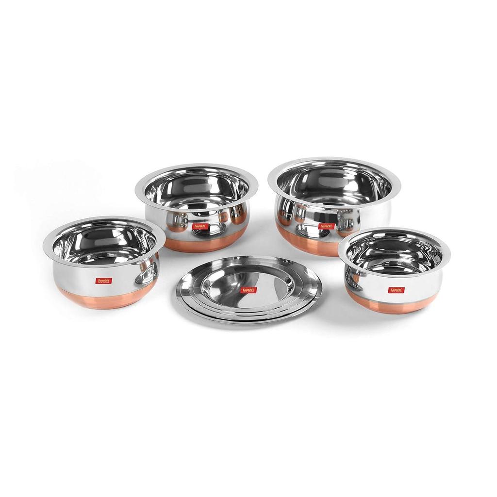 Stainless Steel Copper Bottom Belly Shape 4 Pc Tope/Cookware/Pot Set with Lid 380ML, 500ML, 780ML, 1.1Ltr, (Silver)