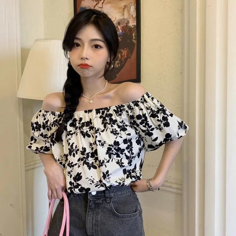 Jednodílný top s výstřihem, květinová šifonová košile, dámské tričko, volné, odhalující ramena, krátký rukáv