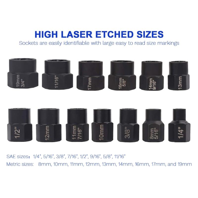 13 Pieces Impact Nut Removal Tool Set Nuts and Screws Extractor Socket Tool Kit  Alloy Steel Material High Hardness