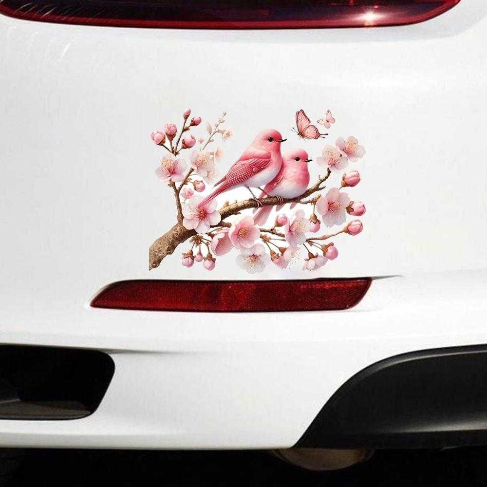 QT2310#15cm Pink Bird & Cherry Blossom Branch Car Sticker, Suitable for Laptop, Car, Truck, Van, SUV, Motorcycle, Bumper, Window