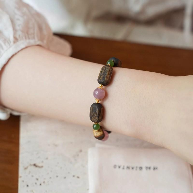 Natural Agarwood Pink Crystal Beaded Bracelet Women Fashion Jewelry Gift