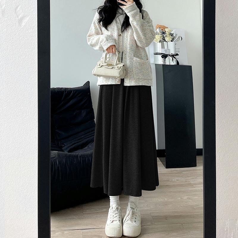 

High GSM Glutinous Rice Midi Skirt Women High Waist A-Line Slim Flowy XL чорний