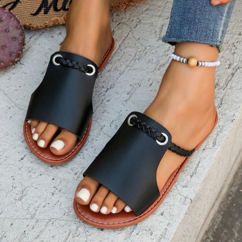 Women's Summer New Solid Color Women's Slippers Large Size Woven Simple Everyday Wear Beach Slippers