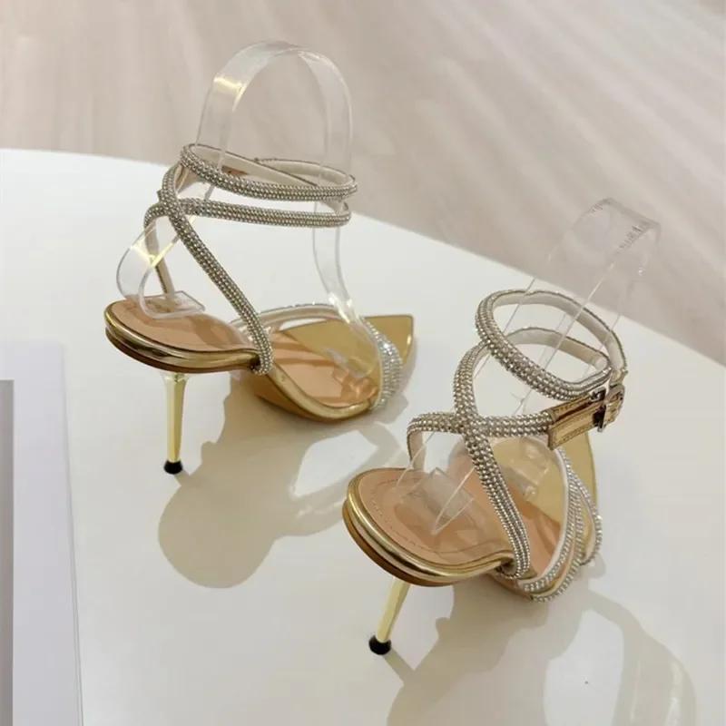 Fashion Sexy Pointed Toe Rhinestone High Heels Women Luxury Glitter Crystal Ankle Strap Sandals Elegant Wedding Prom Shoes Size 35-41