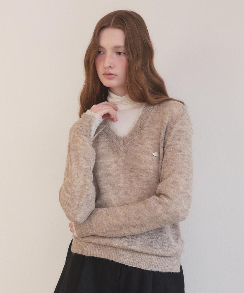 ADAUL Hairy Layered Soft V Neck Knit - Moca