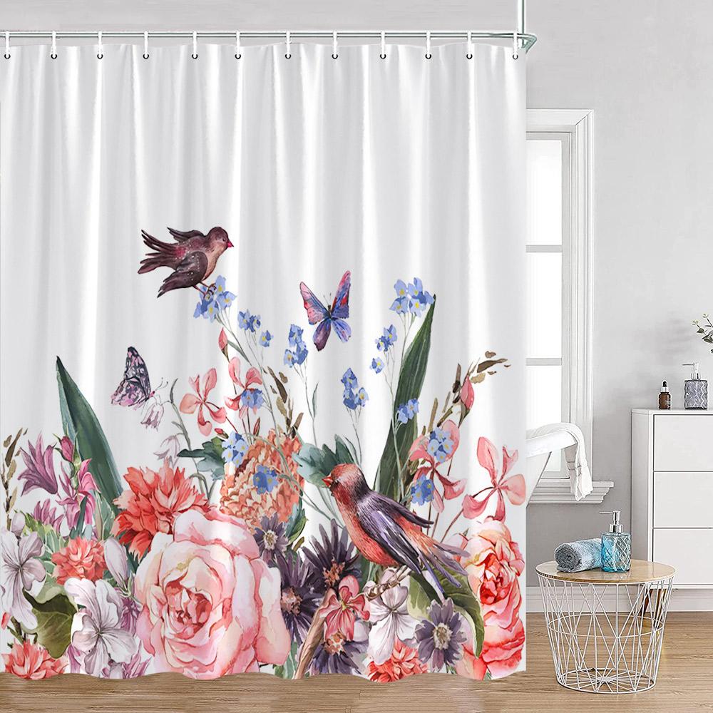 Floral Shower Curtain Colorful Flowers Birds Butterfly Botanical Green Leaves Bathroom Curtains Modern Bathtub Decor with Hooks