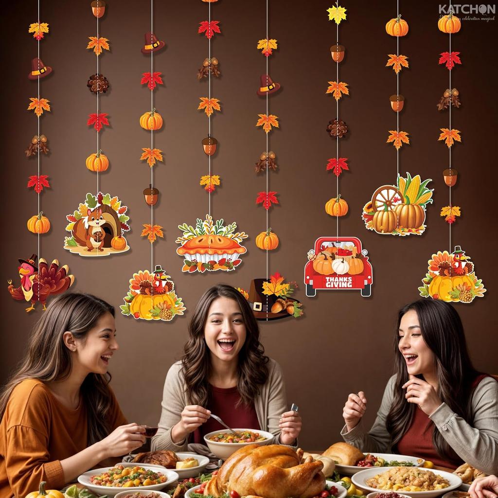 KatchOn, Happy Thanksgiving Hanging Garland - Pack of 8 | Fall Party Decorations, Thanksgiving Garland Ceiling Wall Hanging Decor for Home,