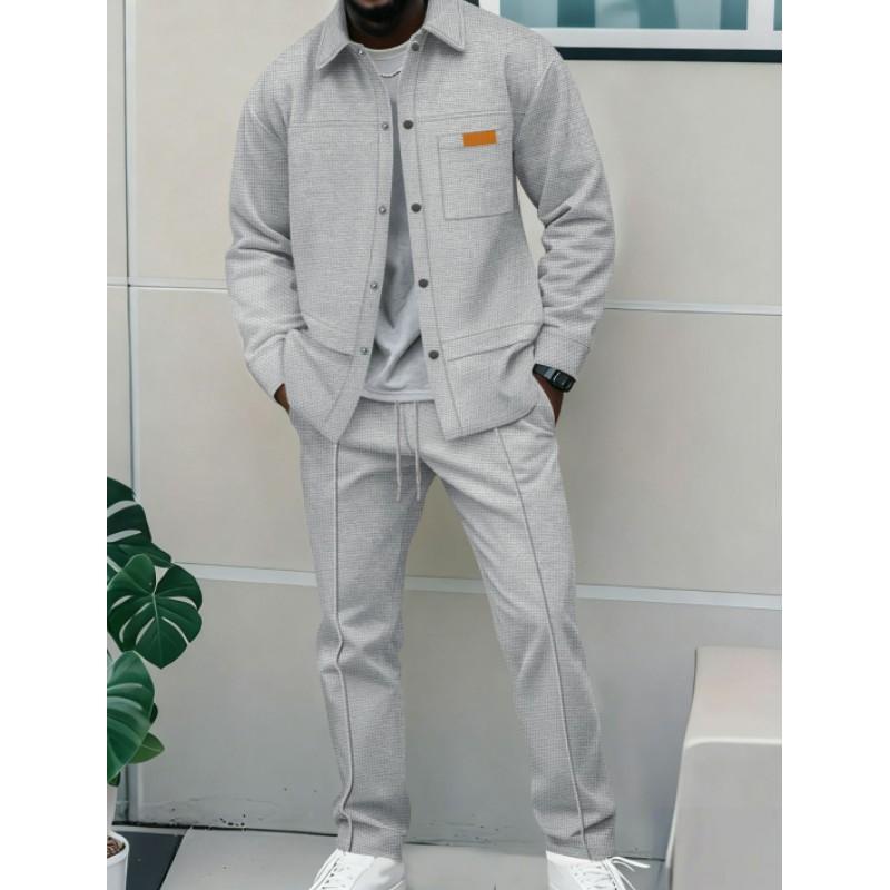 Men'sSpring and Autumn Waffle Pure Color Placket Pocket Jacket + Pants Set - A Casual Two-Piece Outfit