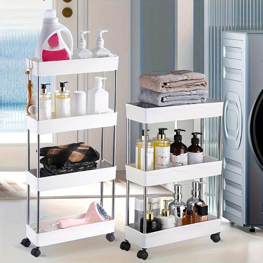 1pc 3/4 Tier Slim Storage Cart, Bathroom Rolling Utility Cart, Plastic Storage Rack With Wheels, Mobile Shelving Unit Organizer,