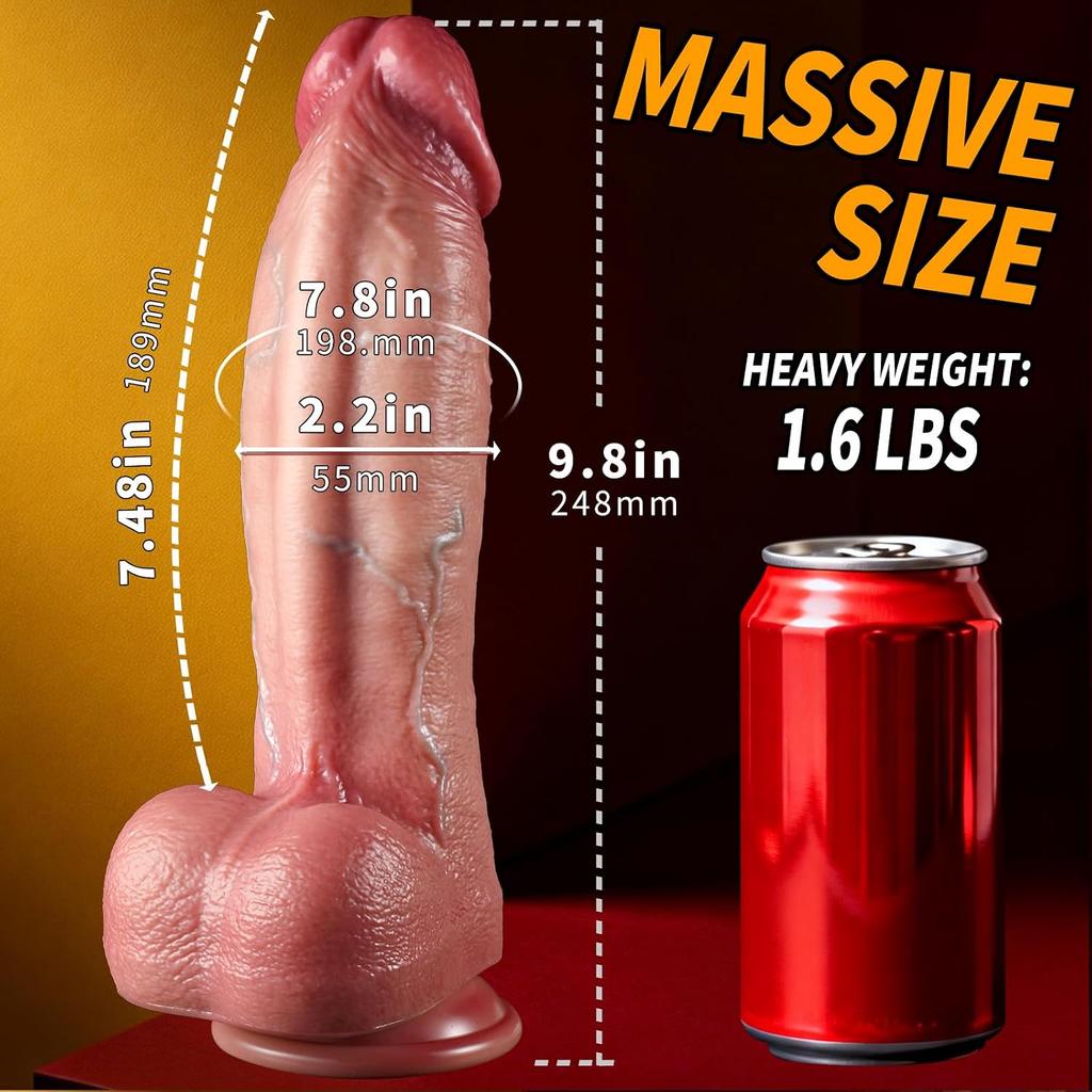 Dual Density Realistic Dildo 9.8" - Premium Liquid Silicone Soft Skin with Firm Core - 2.2" Thick Girthy Suction Cup Dong for Women & Men -