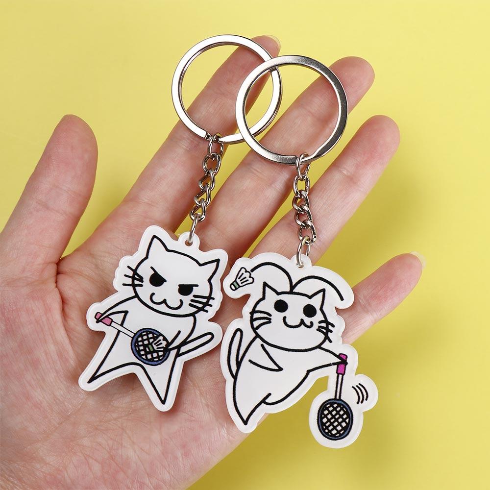 Double Sided Badminton Keyring Cat Play Badminton Badminton Key Chains  Friend Gift