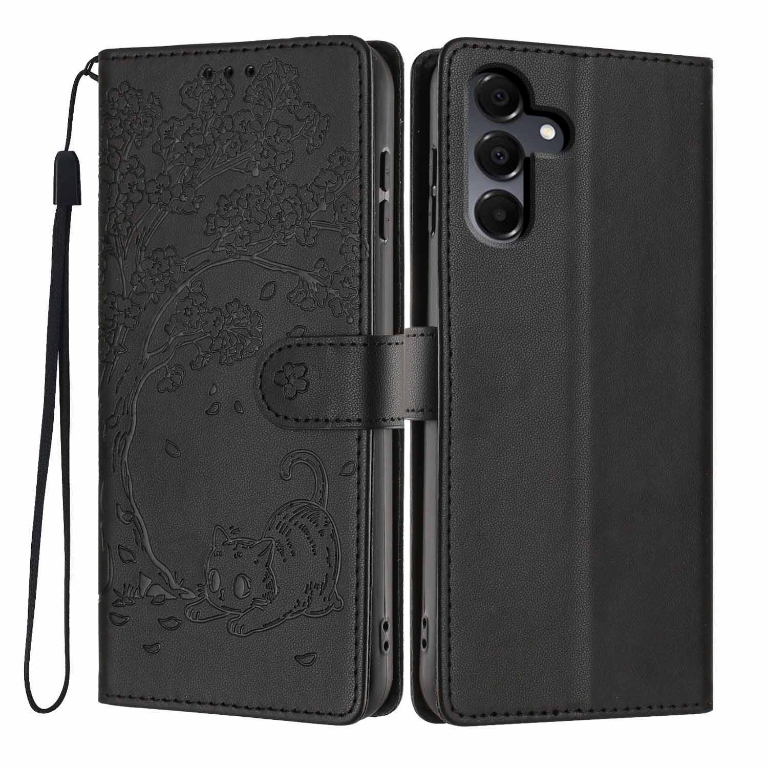 

Stand Case For Samsung Galaxy A16 4G / A16 5G Tree-and-Cat Pattern PU Leather Wallet Protective Phone Cover with Wrist Strap