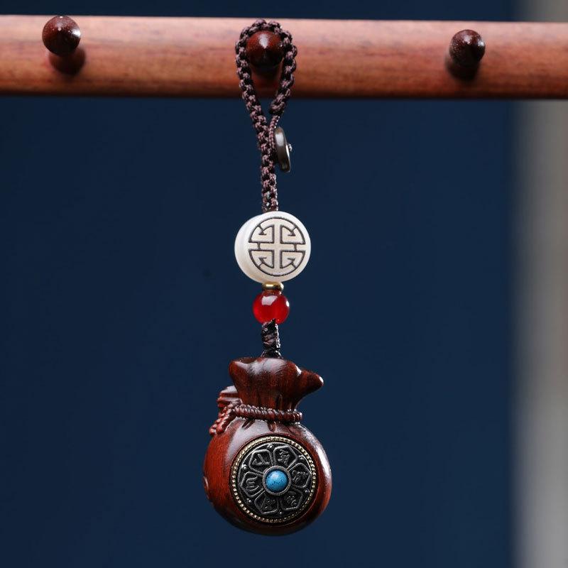 Rosewood and Green Sandalwood Qian Fudai Car Keychain Pendant and Phone/Bag Chain