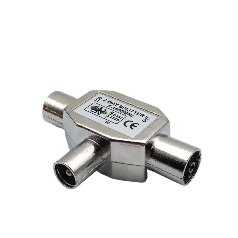 Metal Square TV Signal Splitter: 9.5mm Male To Two Female Adapter
