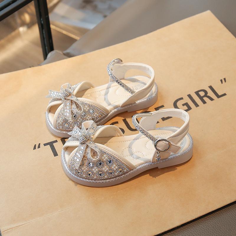 Girls Sandals Peep Toes Shiny Crystal Kids Princess Shoes Sweet Bows 2025 Summer New Children Beach Shoes Non-slip Soft Sole