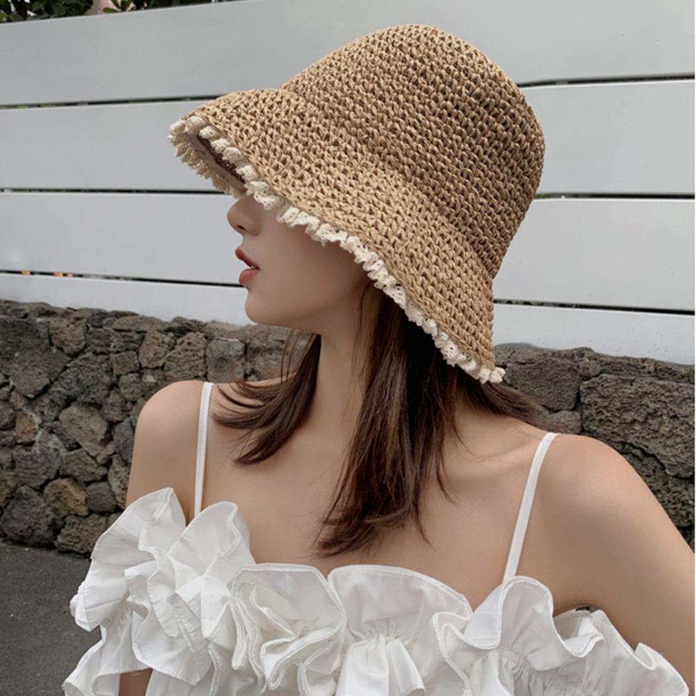 

with Lace Lafite Straw Hat UV Protection Weave Straw Cap Sweet Woven Fisherman Hat Vacation