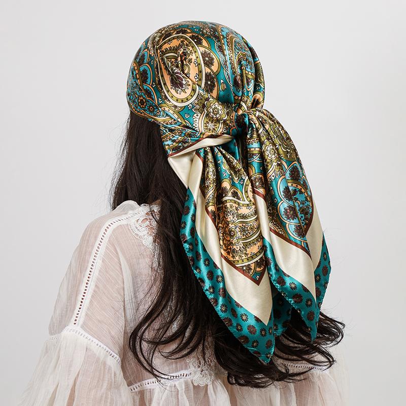 90cm Square Silk Scarves Women Hijab Shawls Paisley Cashew Flower Print Kerchief Femme Head Scarf Foulard Bandana Beach Pareo