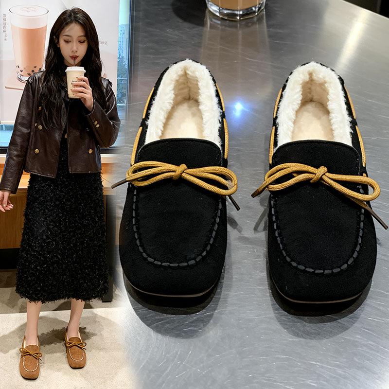 Bow-tie fluffy shoes for women's autumn and winter wear 2025 new plush one-pedal giant comfortable giant warm Doudou shoes